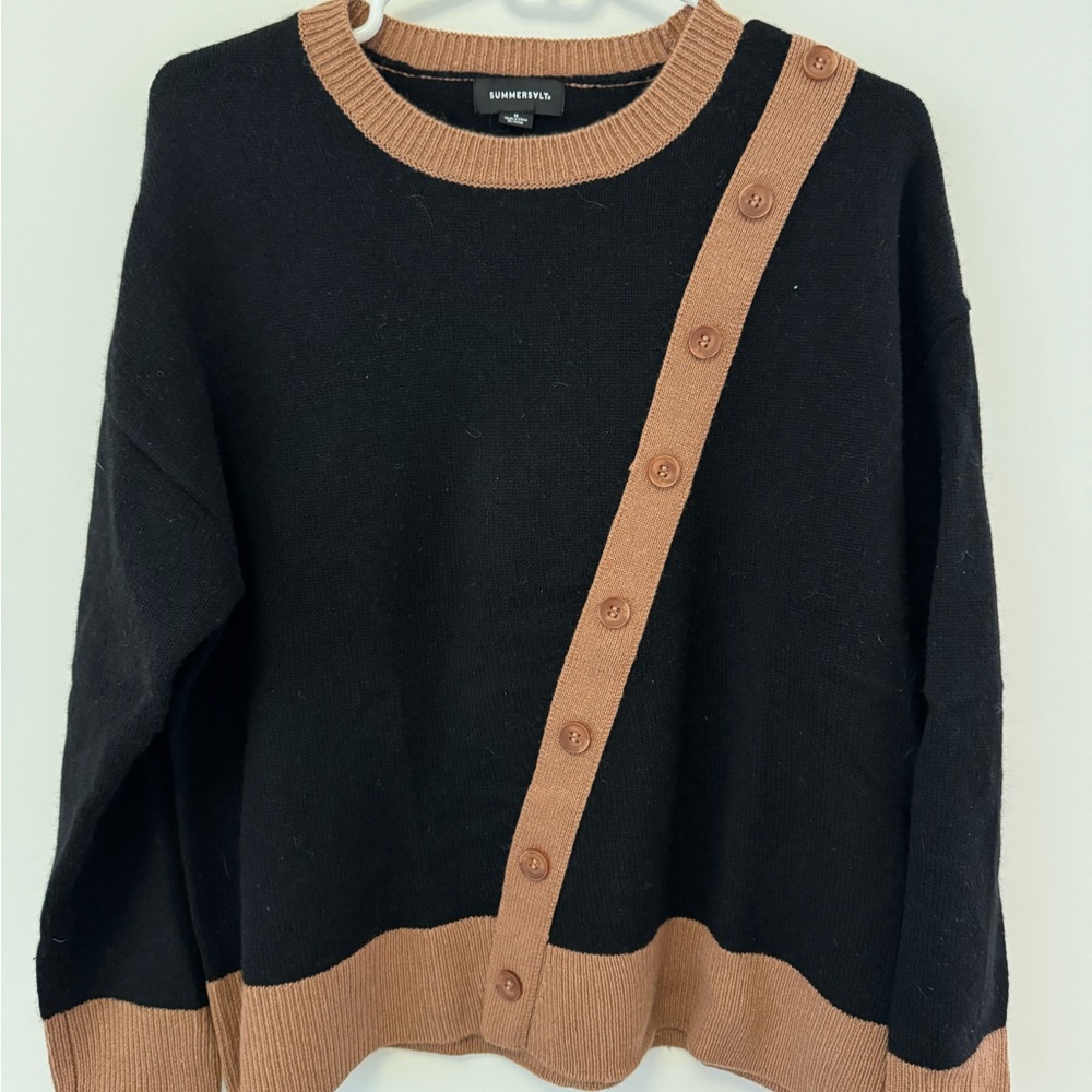 Summersalt Two-Tone Asymmetric Button Crew Neck Sweater